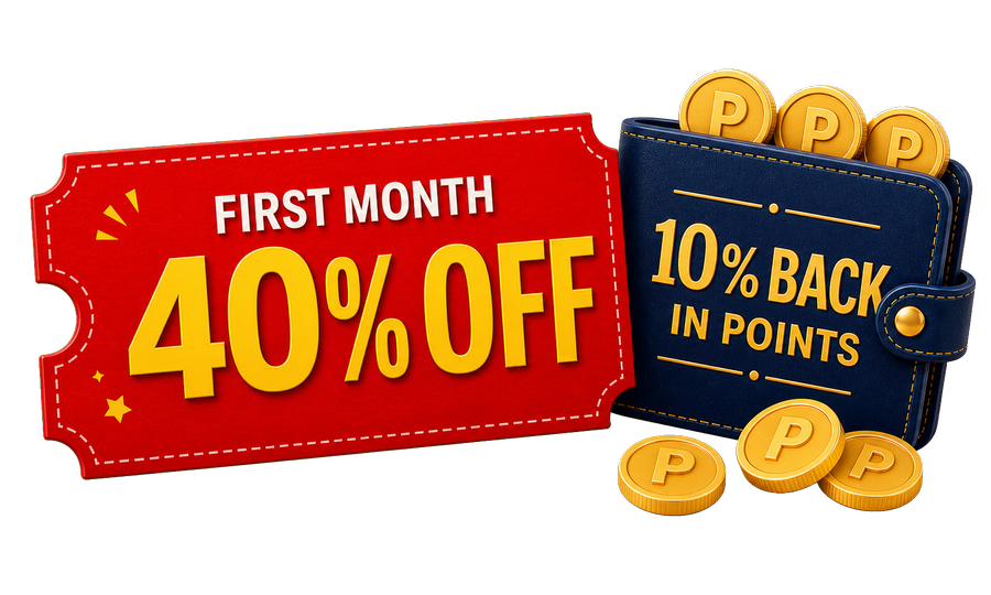 First month 40% off and 10% back in points